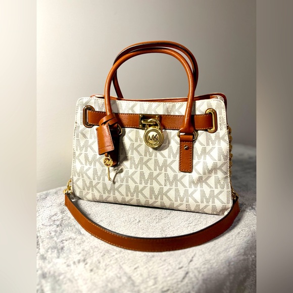 Michael Kors Hamilton Medium Leather Satchel in white/Brown EUC - Picture 3 of 8